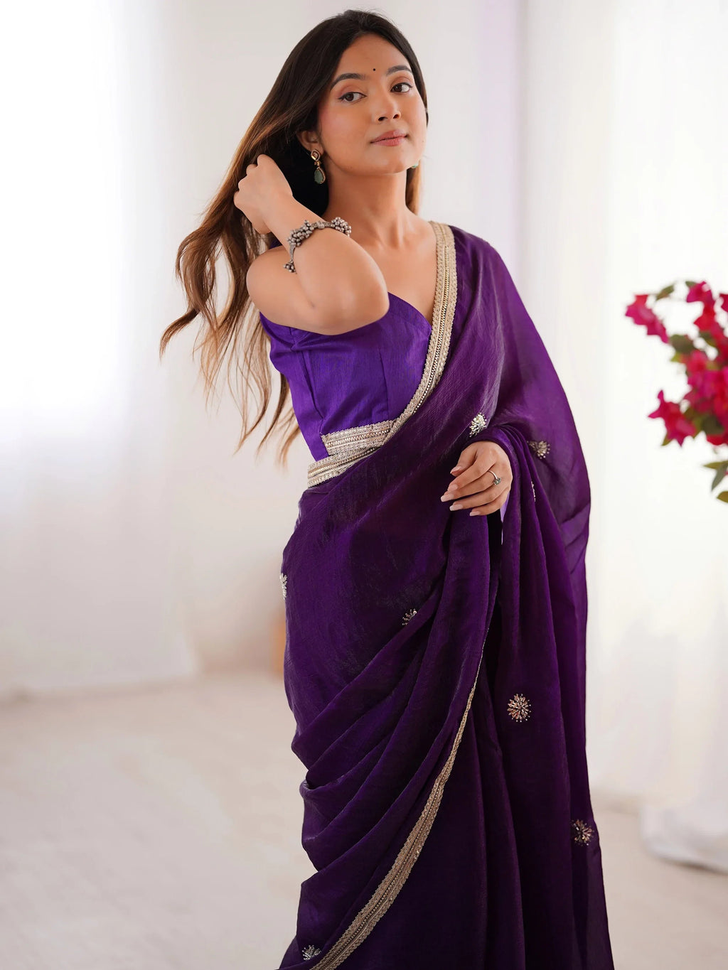 Purple Adorning Silk Sequins Ceremonial Wear Saree With Blouse