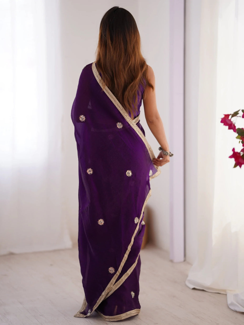 Purple Adorning Silk Sequins Ceremonial Wear Saree With Blouse