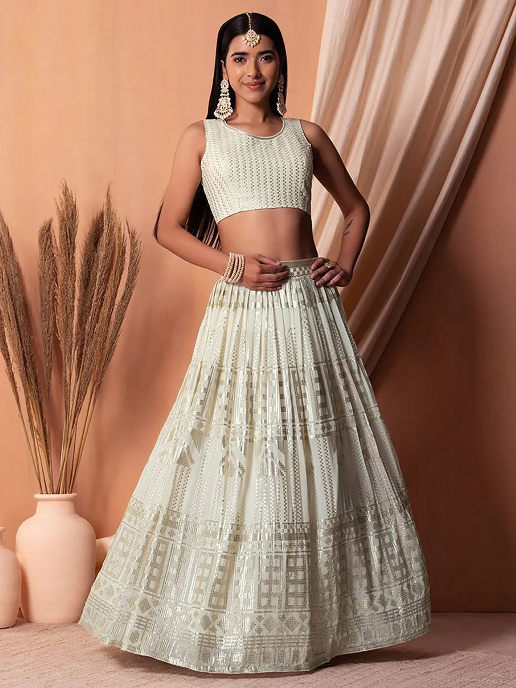 Mesmerizing White Sequins Georgette Lehenga Choli With Dupatta