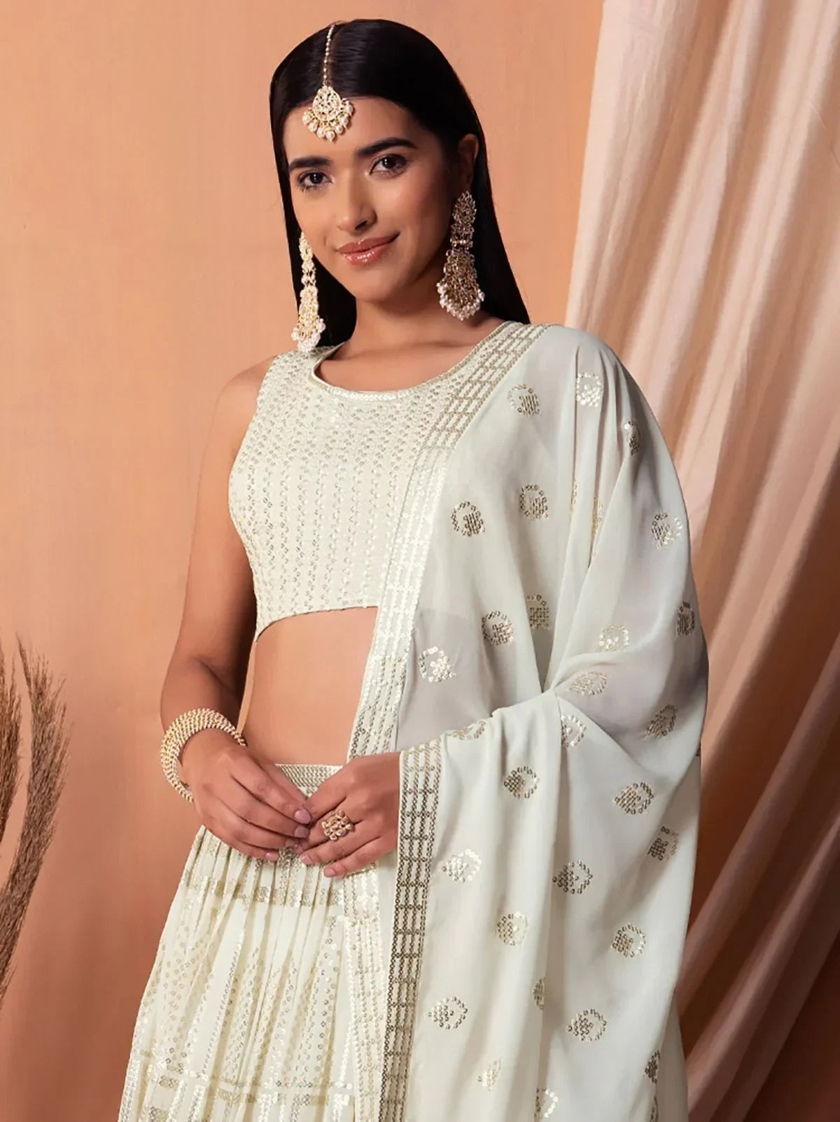 Mesmerizing White Sequins Georgette Lehenga Choli With Dupatta