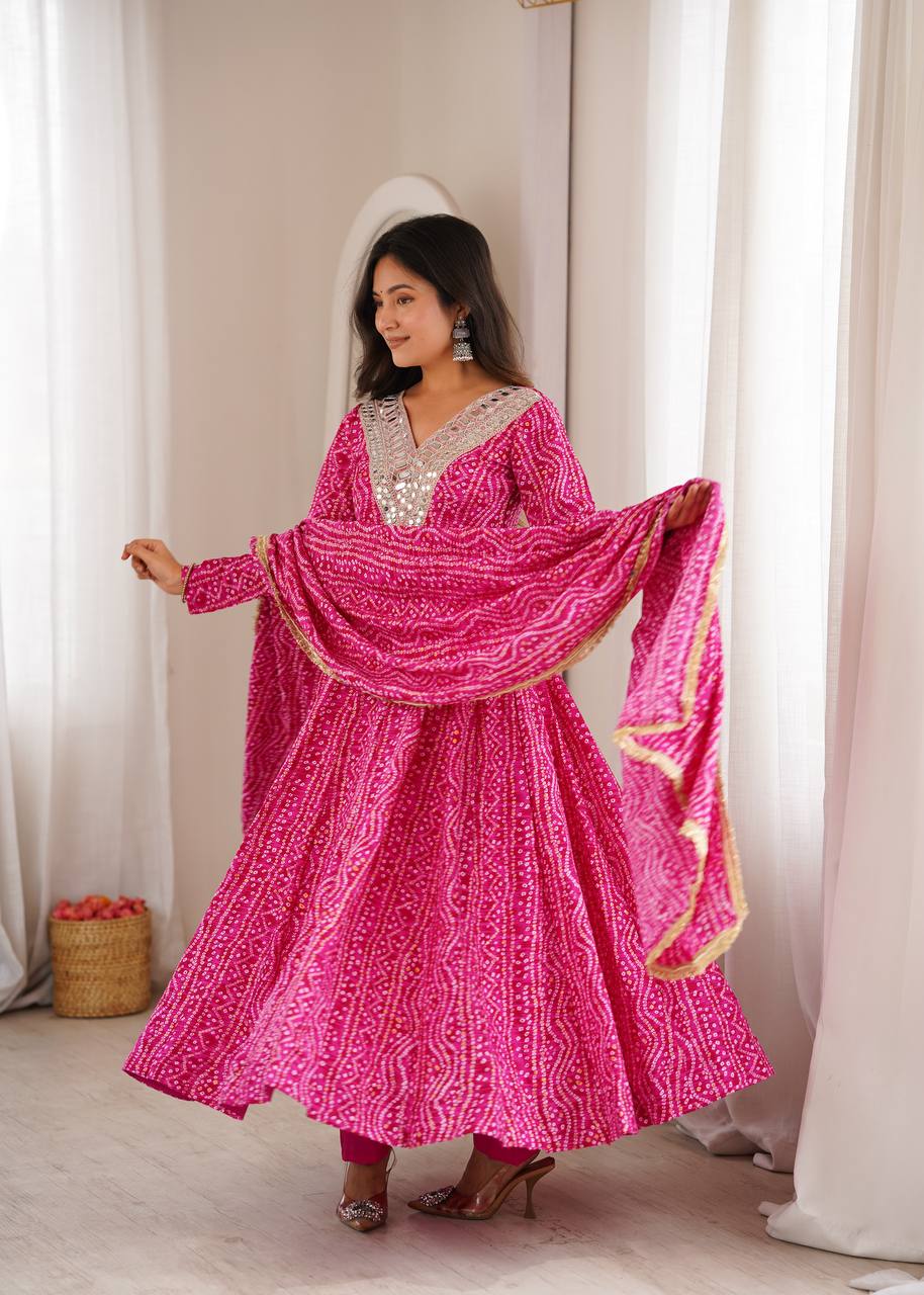 Mirror Embroidered Gown with Pant and Dupatta for Festive Occasions