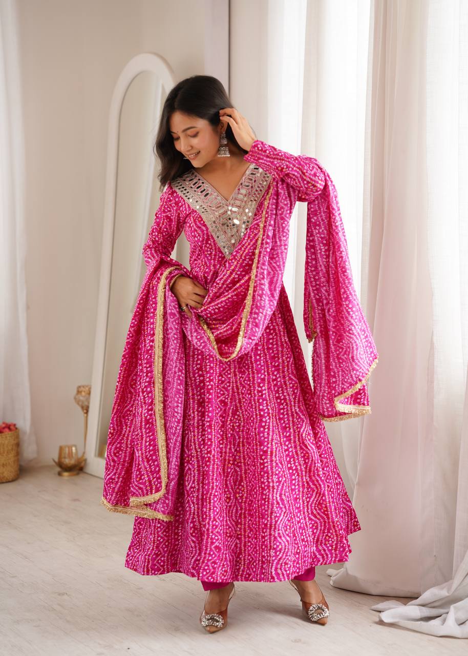 Mirror Embroidered Gown with Pant and Dupatta for Festive Occasions