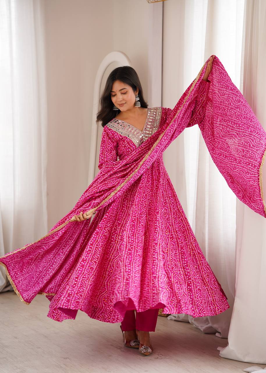 Mirror Embroidered Gown with Pant and Dupatta for Festive Occasions