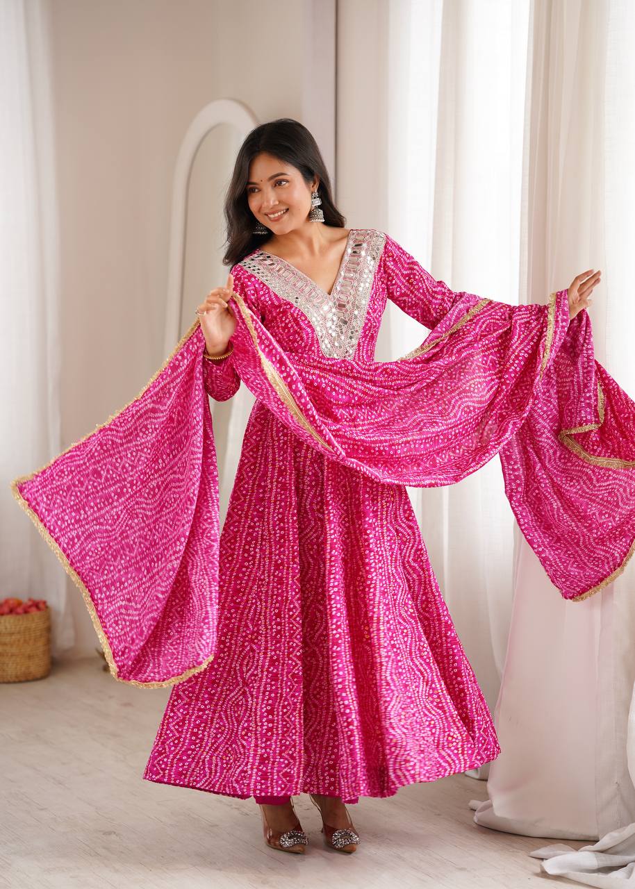 Mirror Embroidered Gown with Pant and Dupatta for Festive Occasions