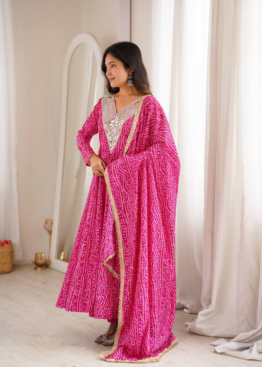 Mirror Embroidered Gown with Pant and Dupatta for Festive Occasions