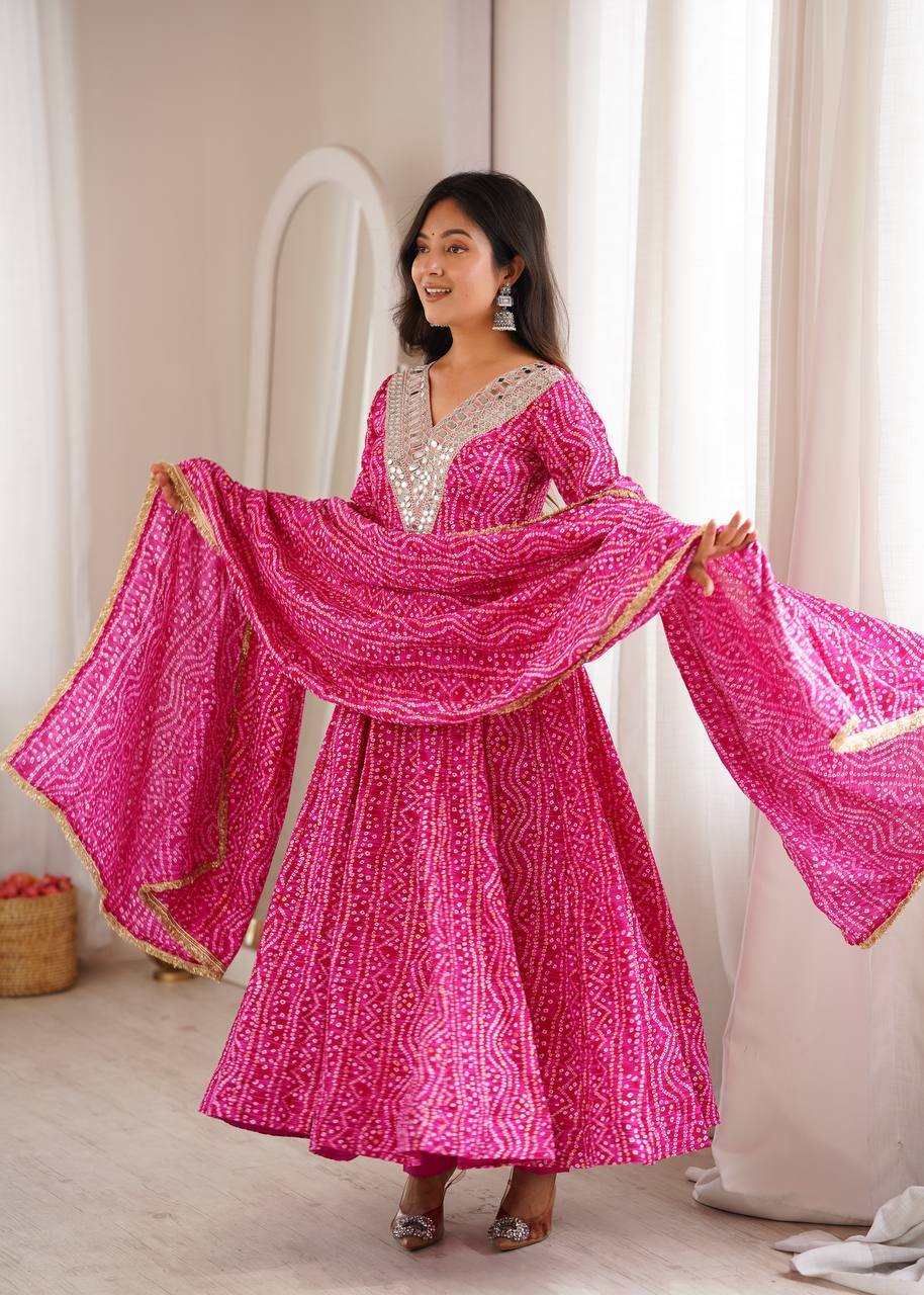 Mirror Embroidered Gown with Pant and Dupatta for Festive Occasions