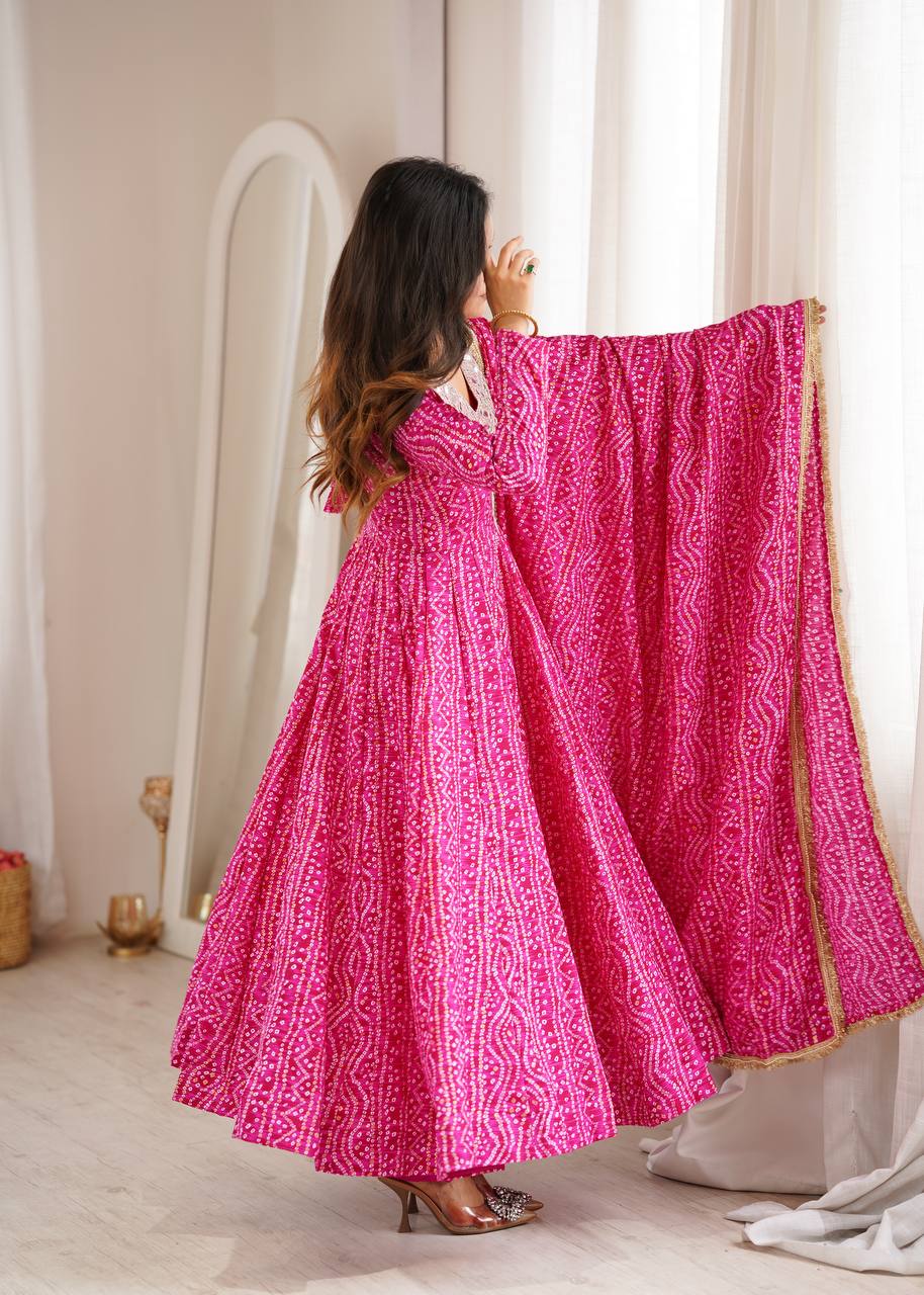 Mirror Embroidered Gown with Pant and Dupatta for Festive Occasions