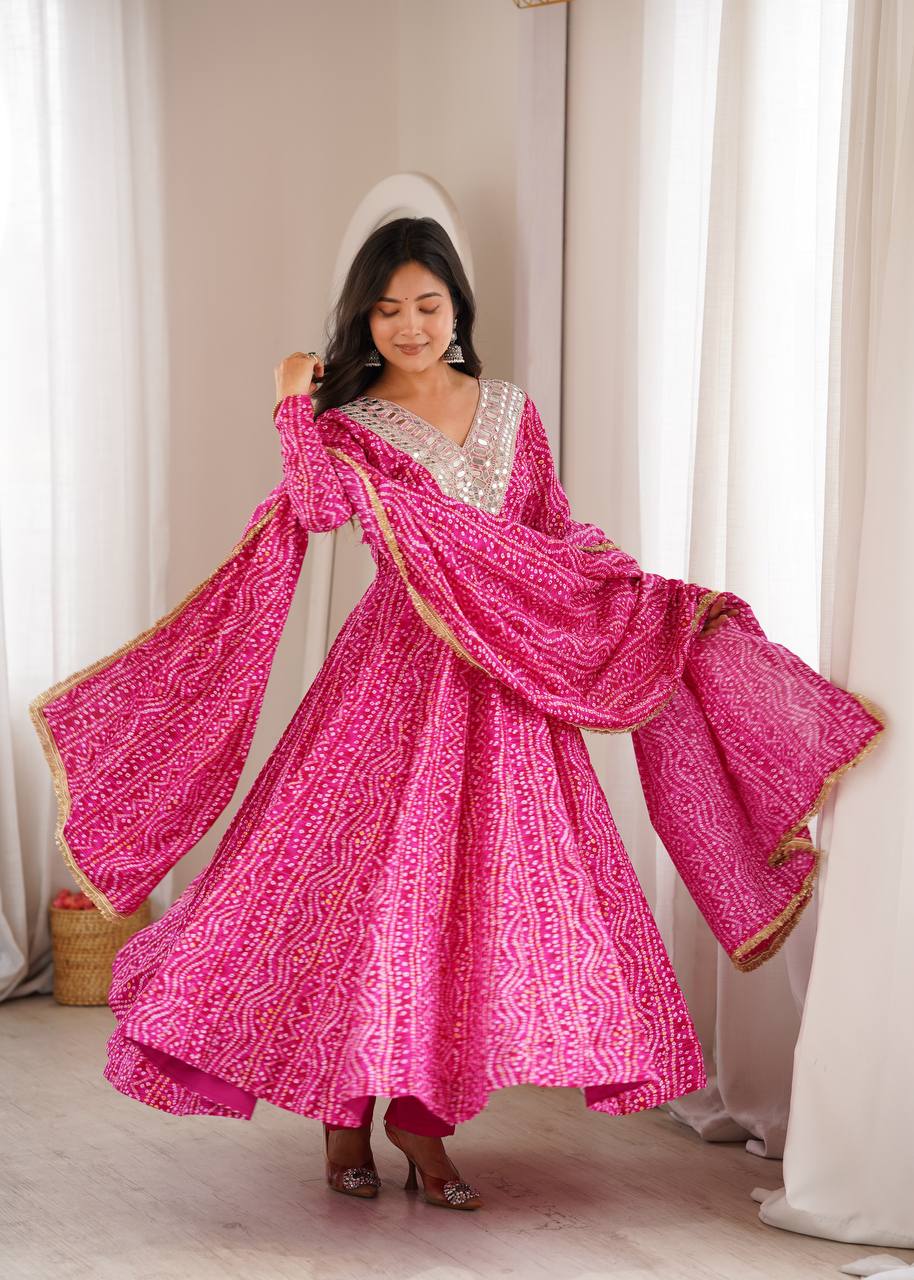Mirror Embroidered Gown with Pant and Dupatta for Festive Occasions