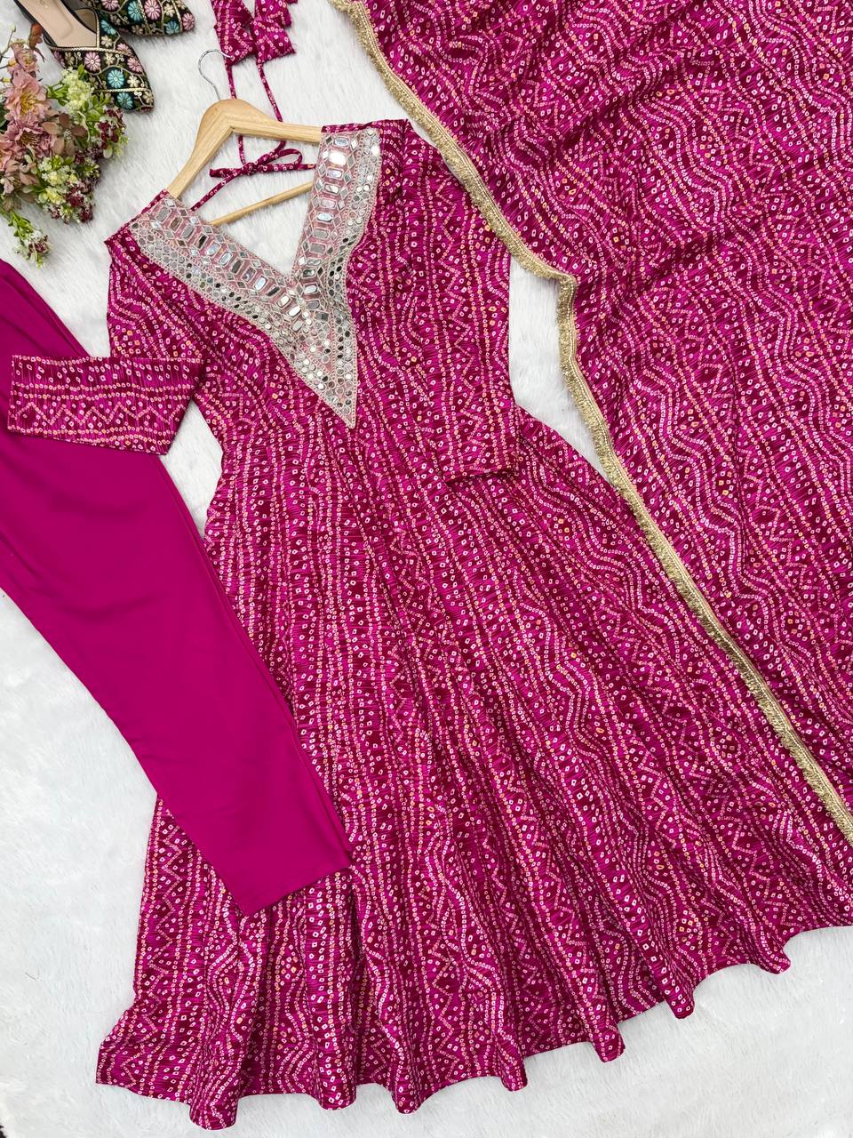 Mirror Embroidered Gown with Pant and Dupatta for Festive Occasions