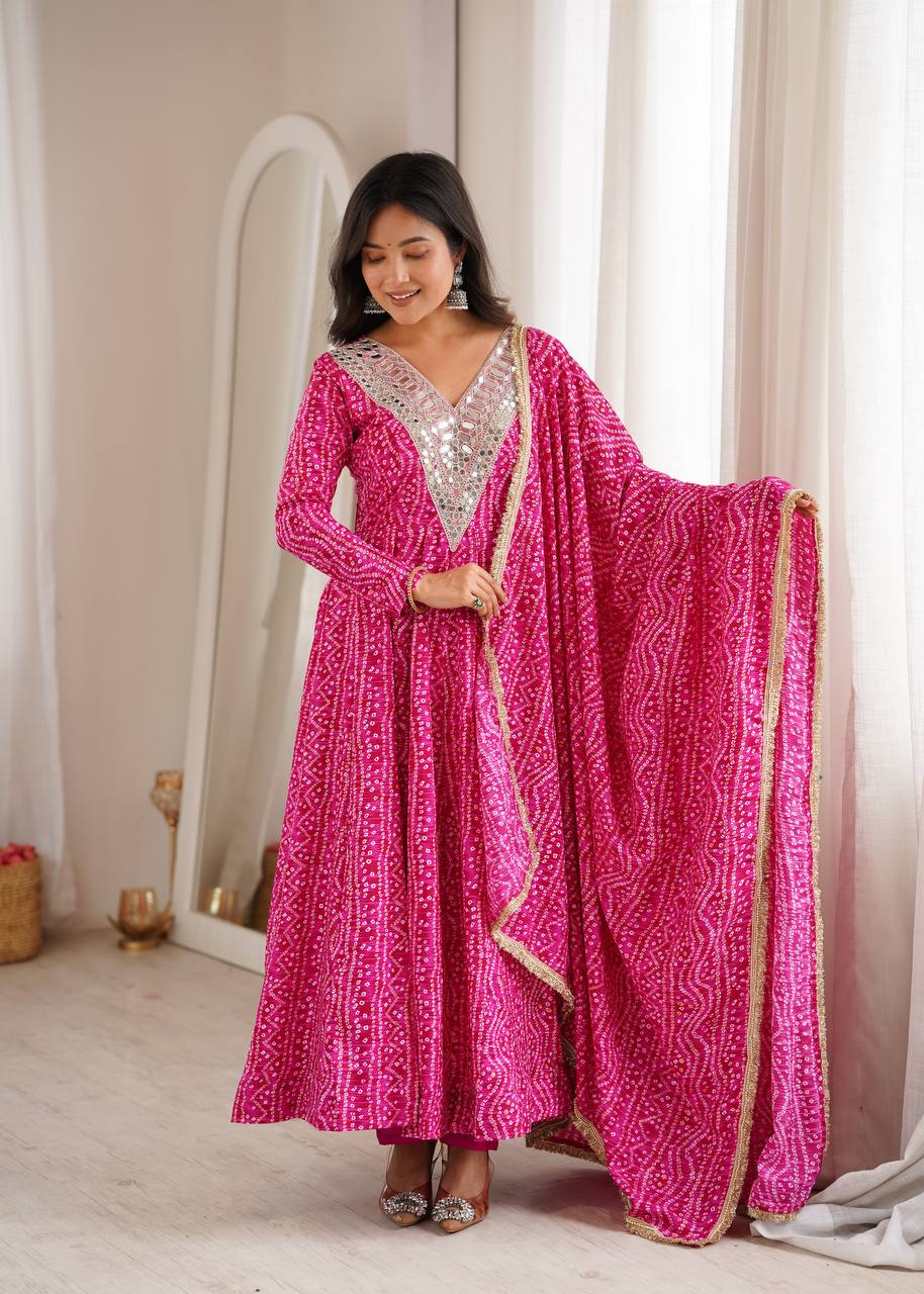 Mirror Embroidered Gown with Pant and Dupatta for Festive Occasions