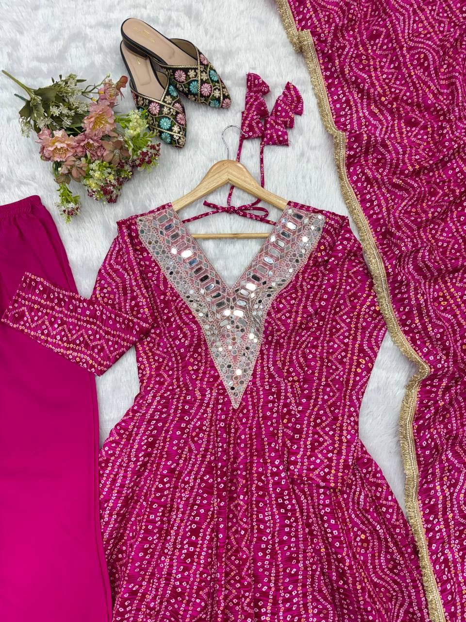 Mirror Embroidered Gown with Pant and Dupatta for Festive Occasions