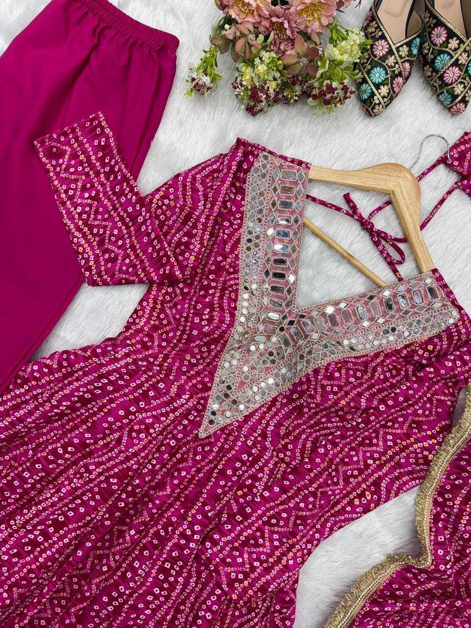 Mirror Embroidered Gown with Pant and Dupatta for Festive Occasions