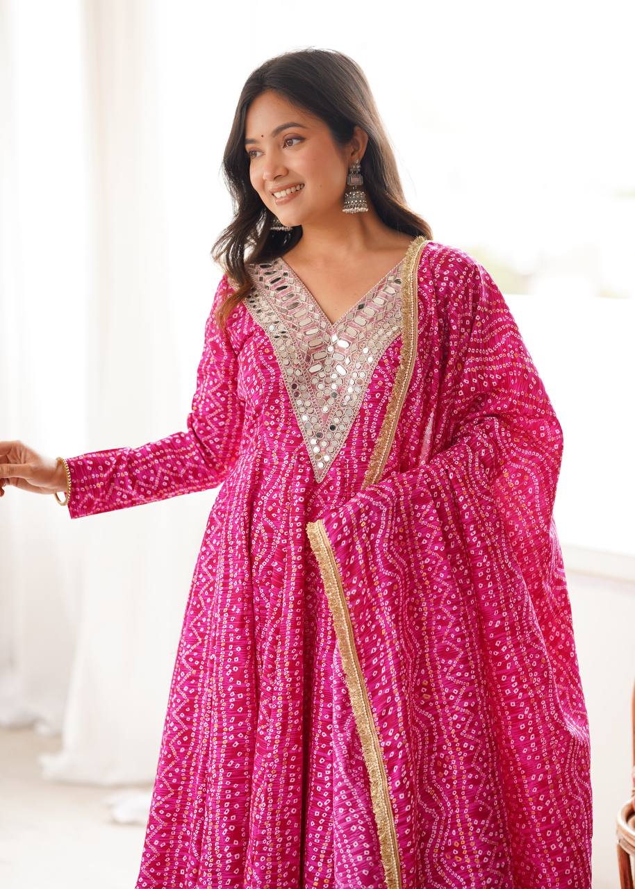Mirror Embroidered Gown with Pant and Dupatta for Festive Occasions