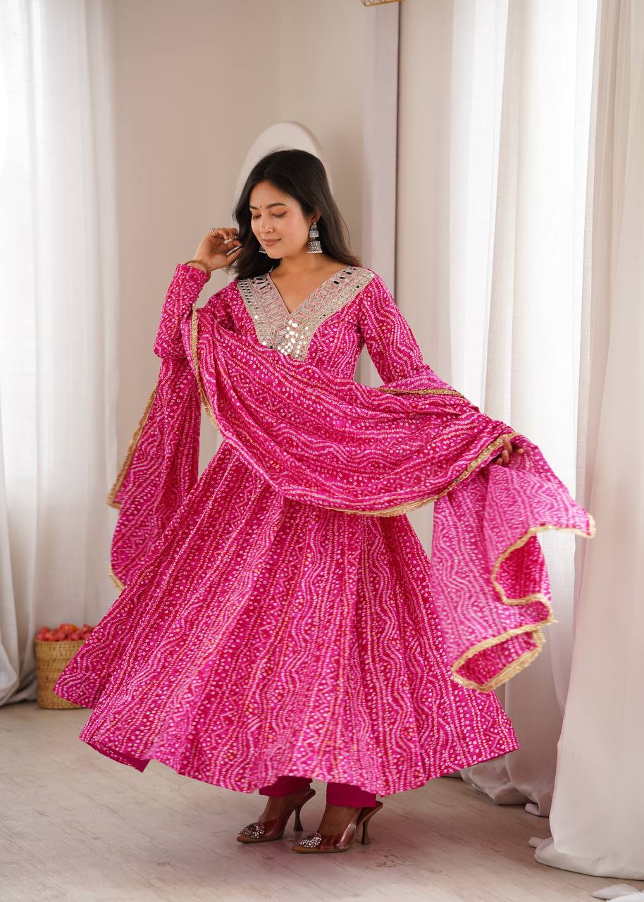 Mirror Embroidered Gown with Pant and Dupatta for Festive Occasions