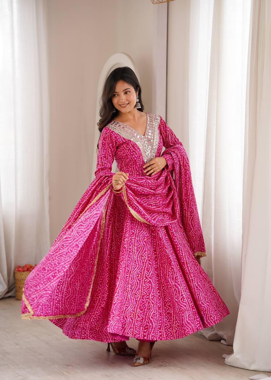 Mirror Embroidered Gown with Pant and Dupatta for Festive Occasions