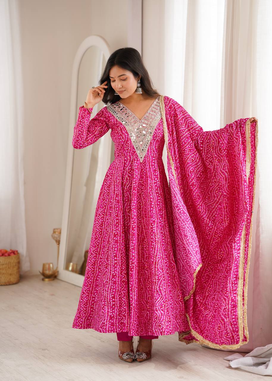 Mirror Embroidered Gown with Pant and Dupatta for Festive Occasions