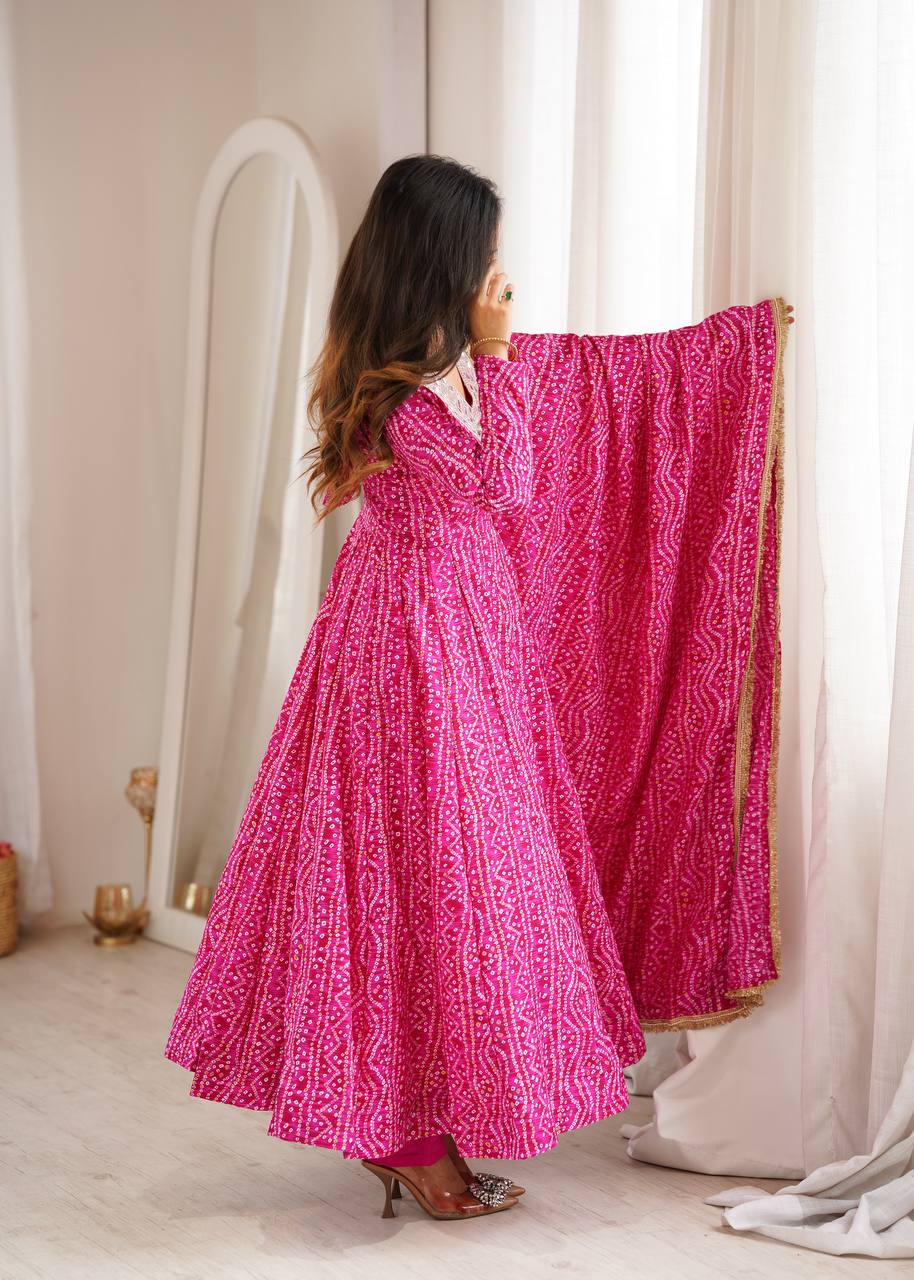 Mirror Embroidered Gown with Pant and Dupatta for Festive Occasions