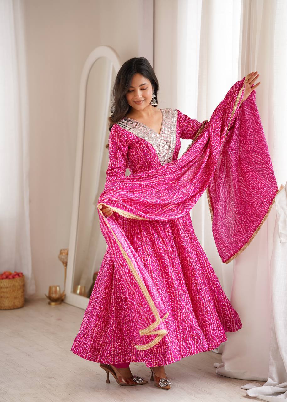 Mirror Embroidered Gown with Pant and Dupatta for Festive Occasions