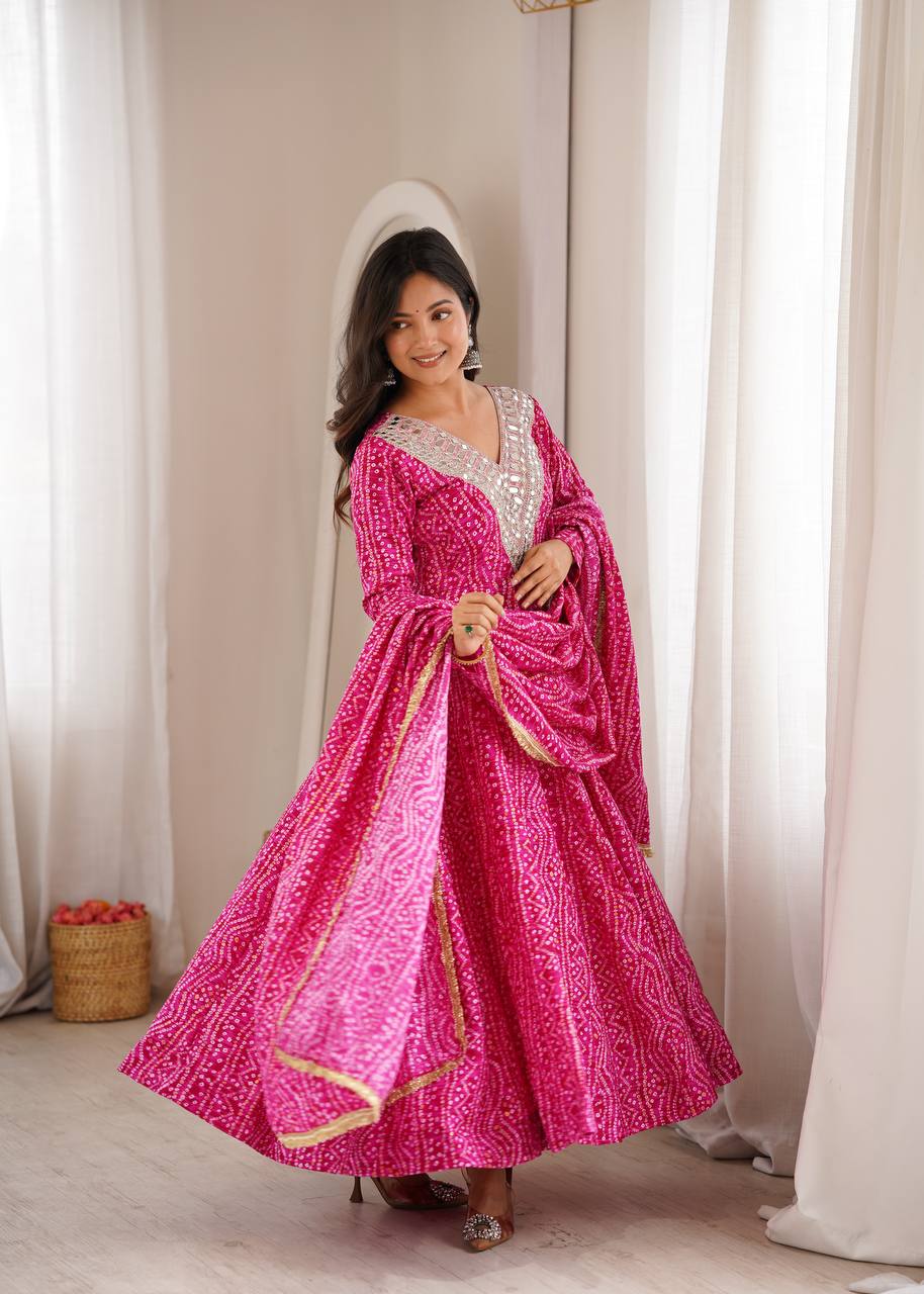 Mirror Embroidered Gown with Pant and Dupatta for Festive Occasions