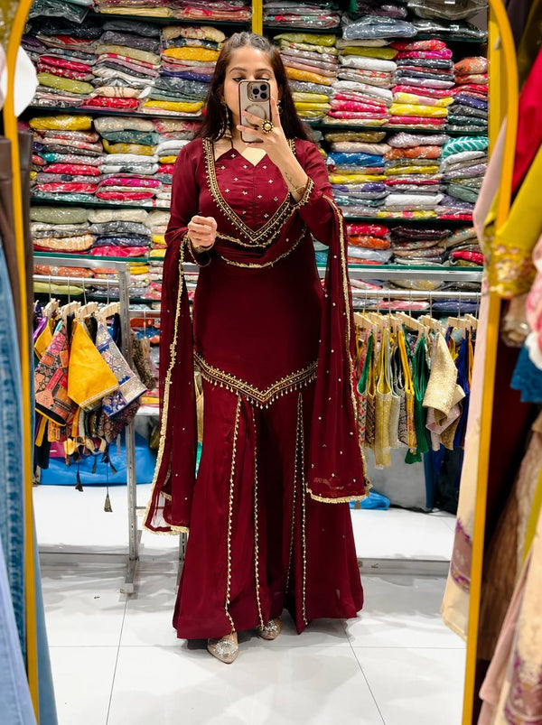 Mirror Work Roman Glass Salwar Kameez with Chanderi Silk Dupatta