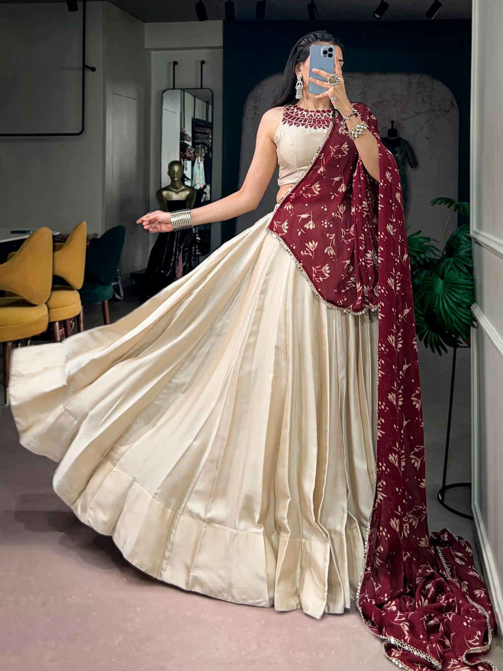 Monga Silk Lehenga Choli with Mirror Work Blouse and Printed Dupatta