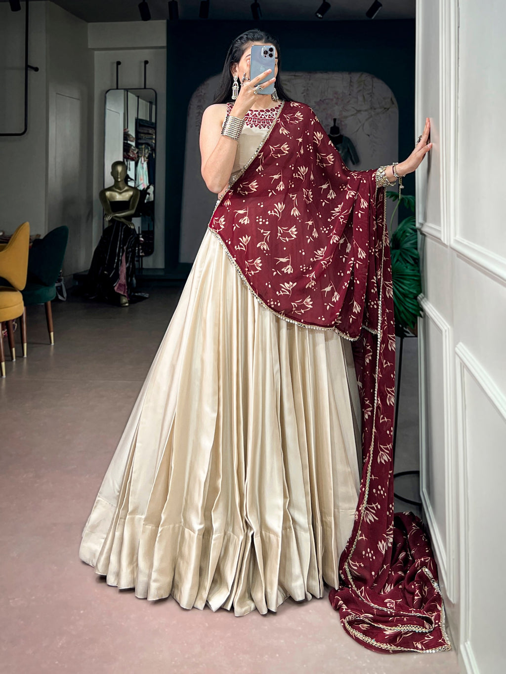 Monga Silk Lehenga Choli with Mirror Work Blouse and Printed Dupatta