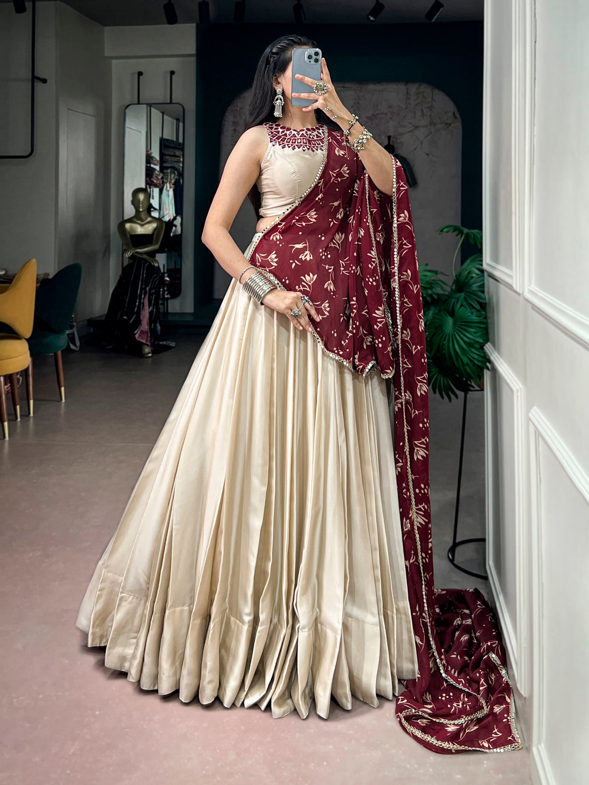 Monga Silk Lehenga Choli with Mirror Work Blouse and Printed Dupatta