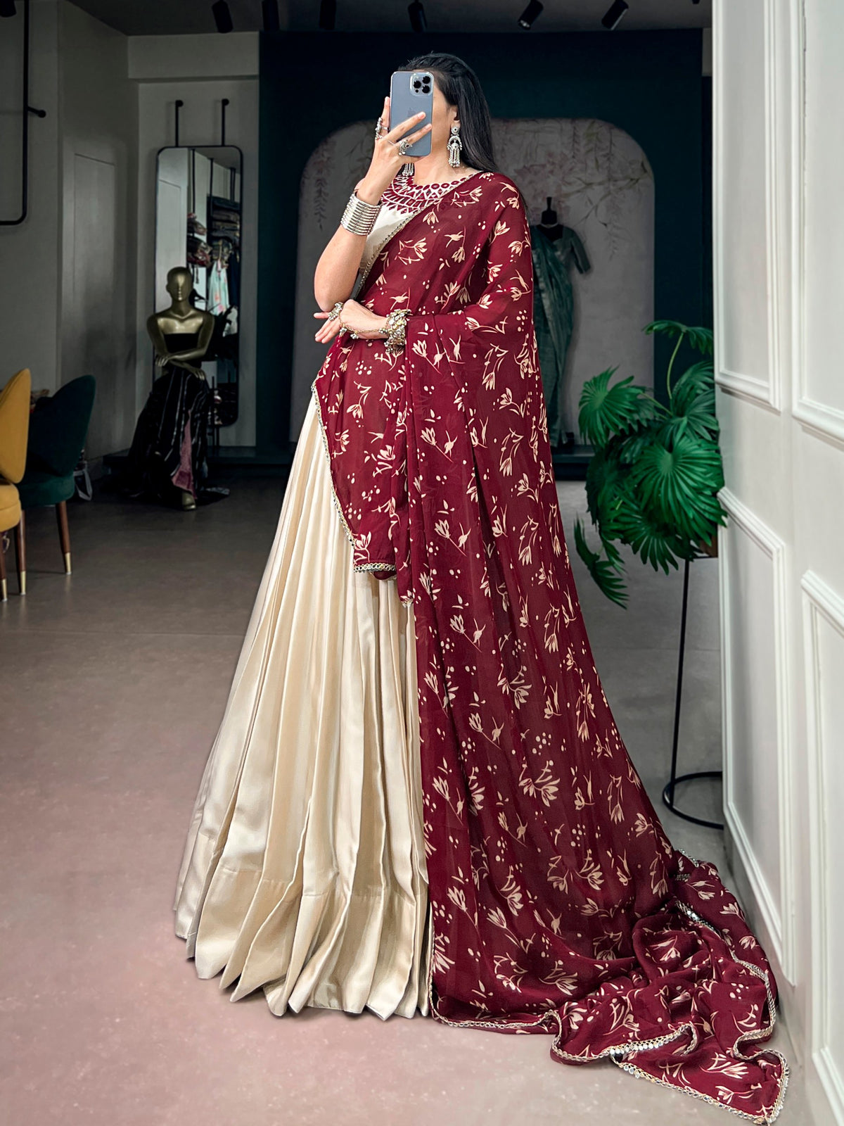 Monga Silk Lehenga Choli with Mirror Work Blouse and Printed Dupatta