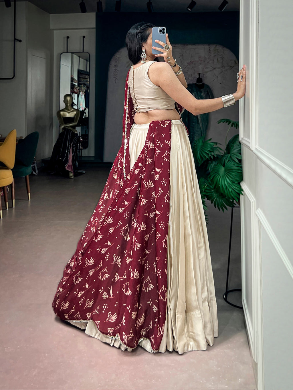 Monga Silk Lehenga Choli with Mirror Work Blouse and Printed Dupatta