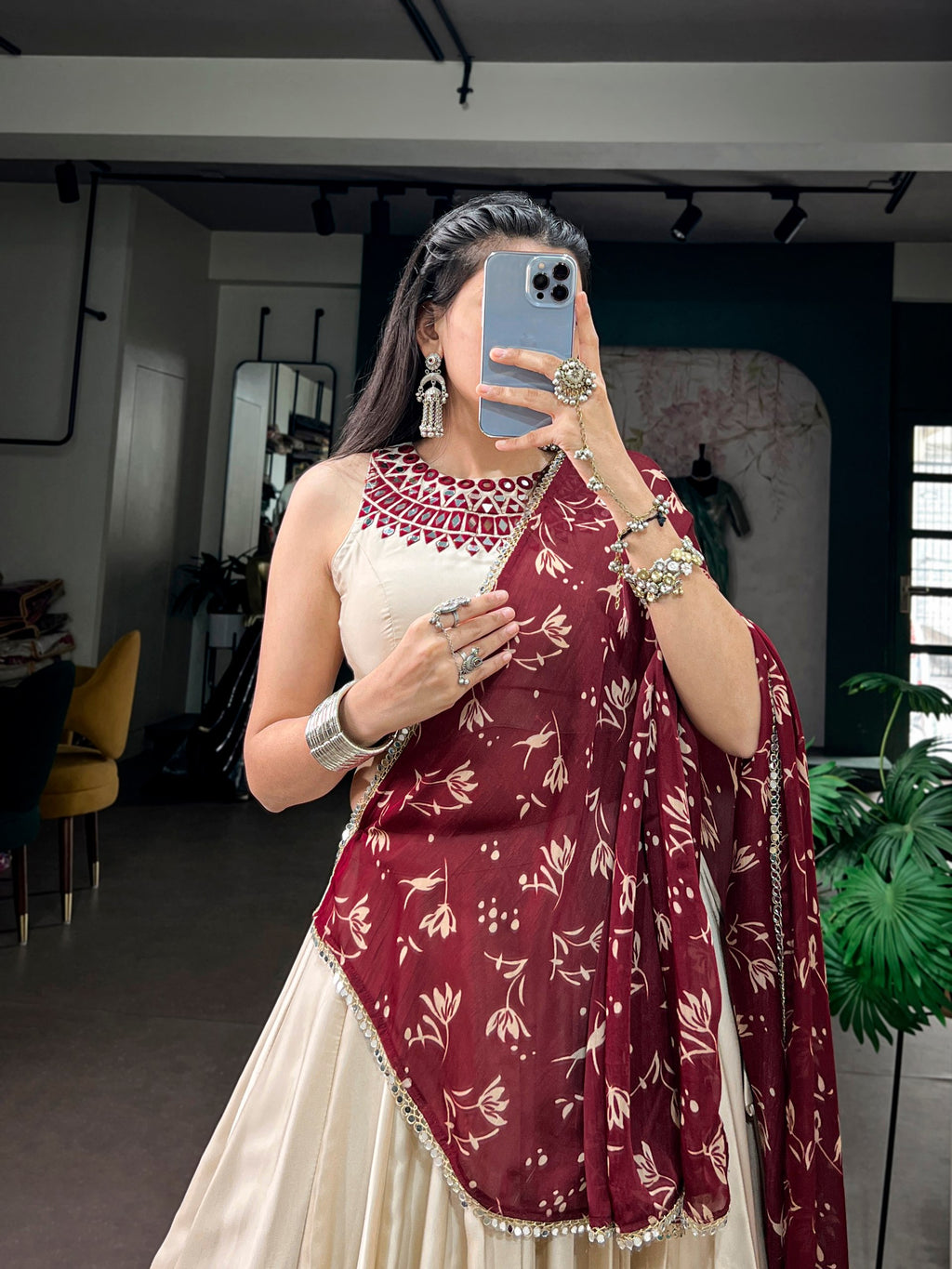 Monga Silk Lehenga Choli with Mirror Work Blouse and Printed Dupatta