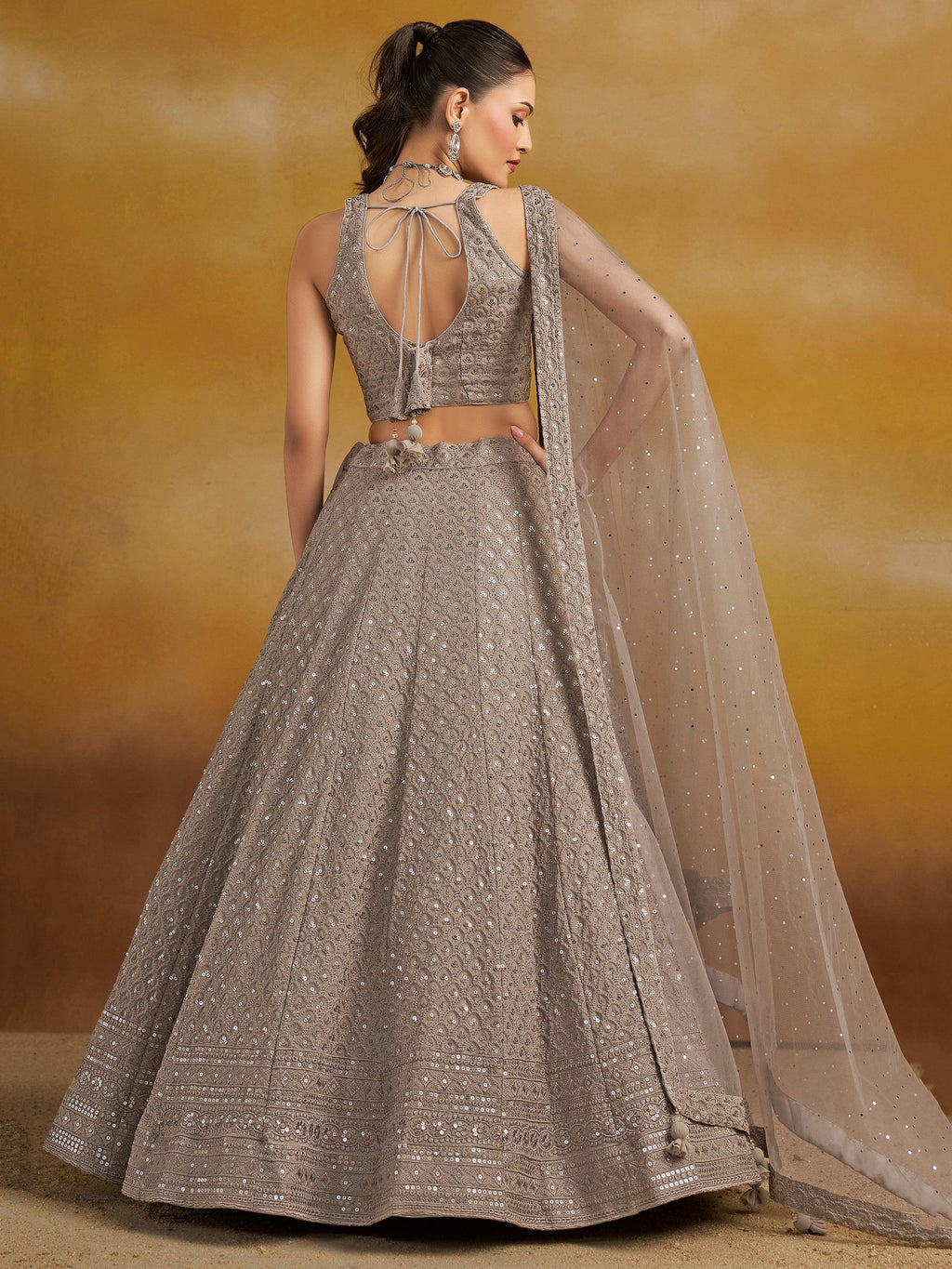 Grey Sweet Sequins Georgette Reception Wear Lehenga Choli