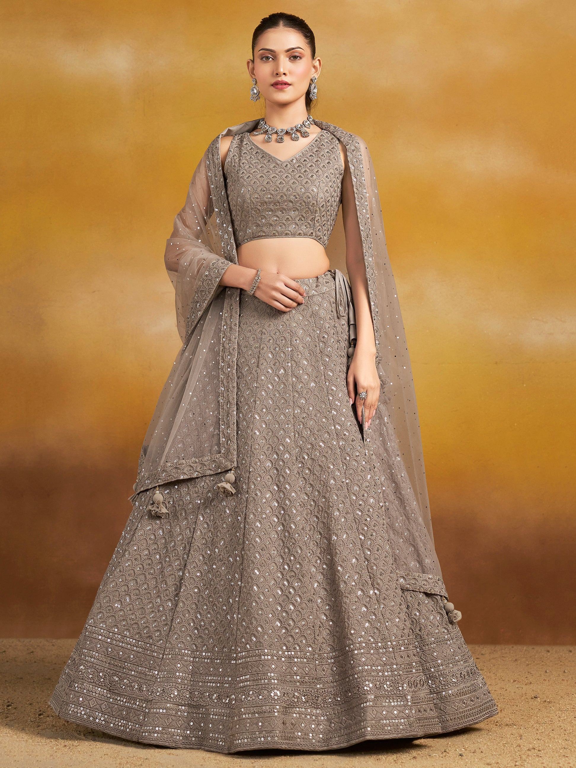 Grey Sweet Sequins Georgette Reception Wear Lehenga Choli