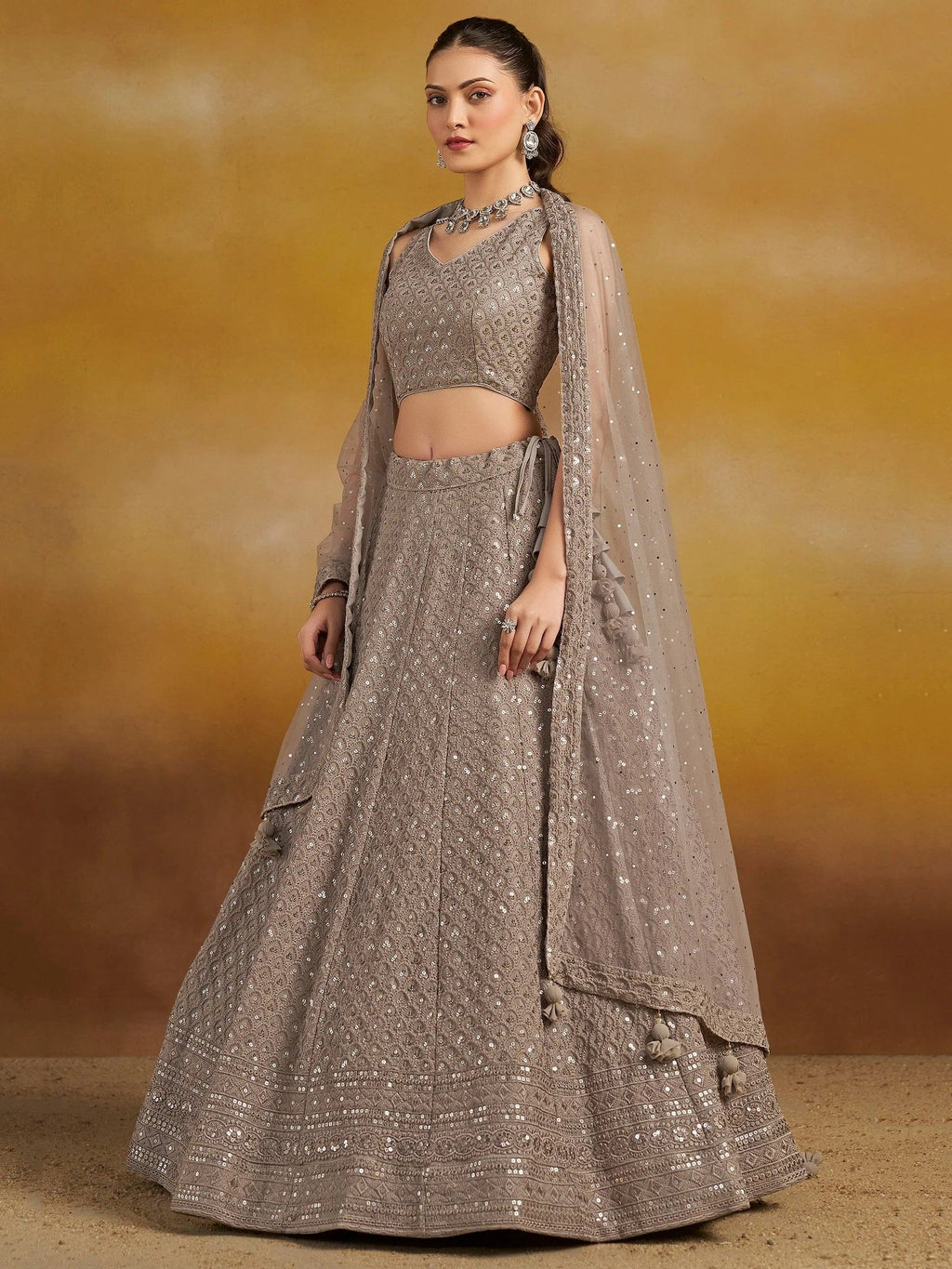 Grey Sweet Sequins Georgette Reception Wear Lehenga Choli