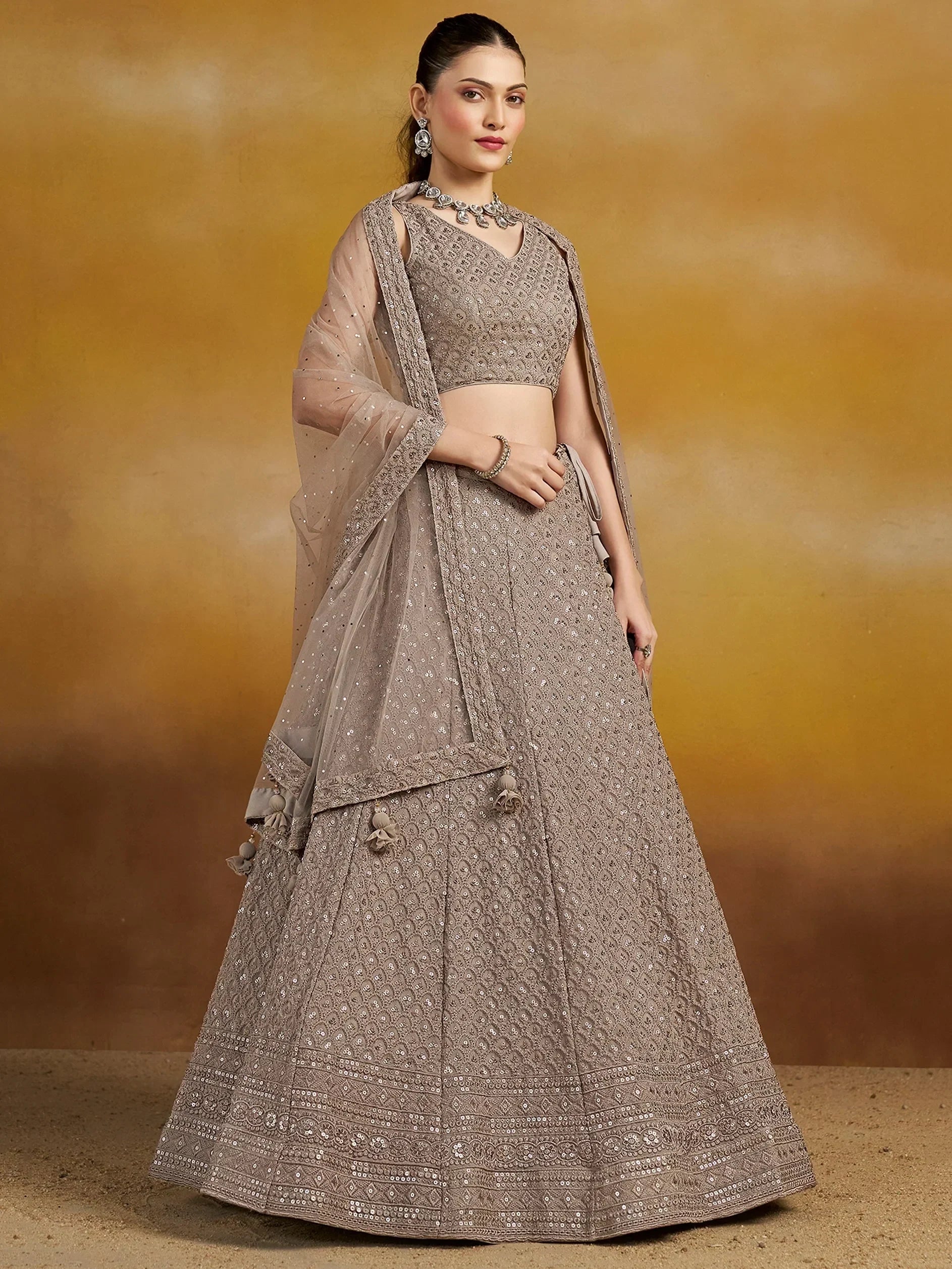 Grey Sweet Sequins Georgette Reception Wear Lehenga Choli