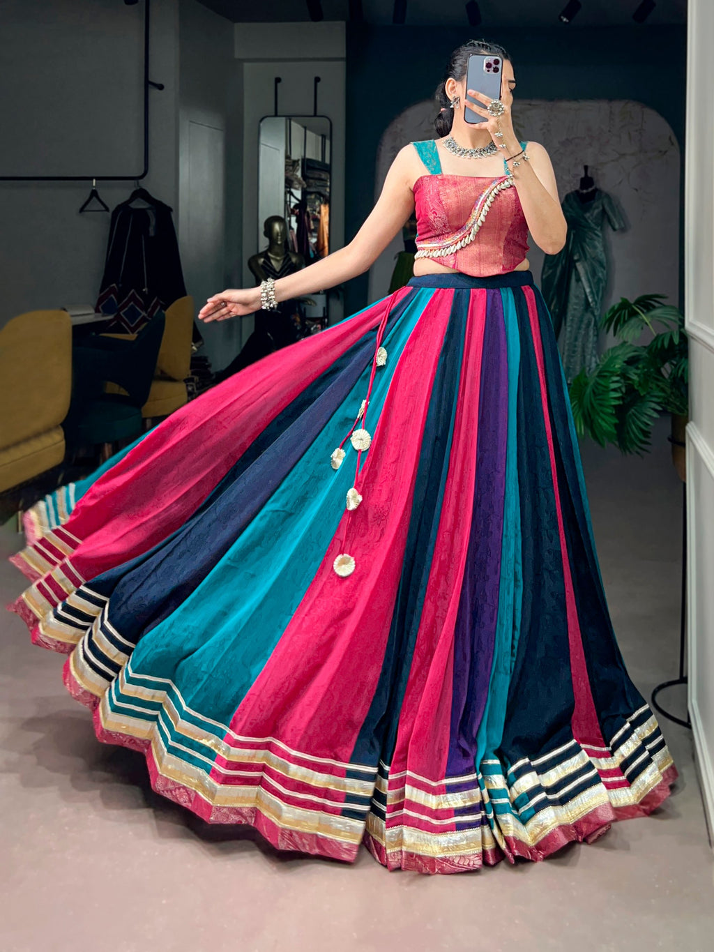 Multicolor Chinon Lehenga Choli for Navratri