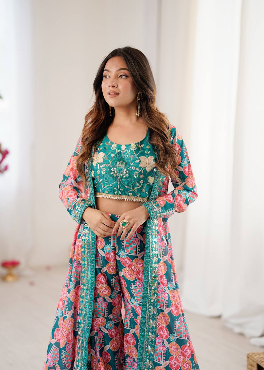 Muslin Digital Print Indo Western Sharara Set with Embroidered Koti