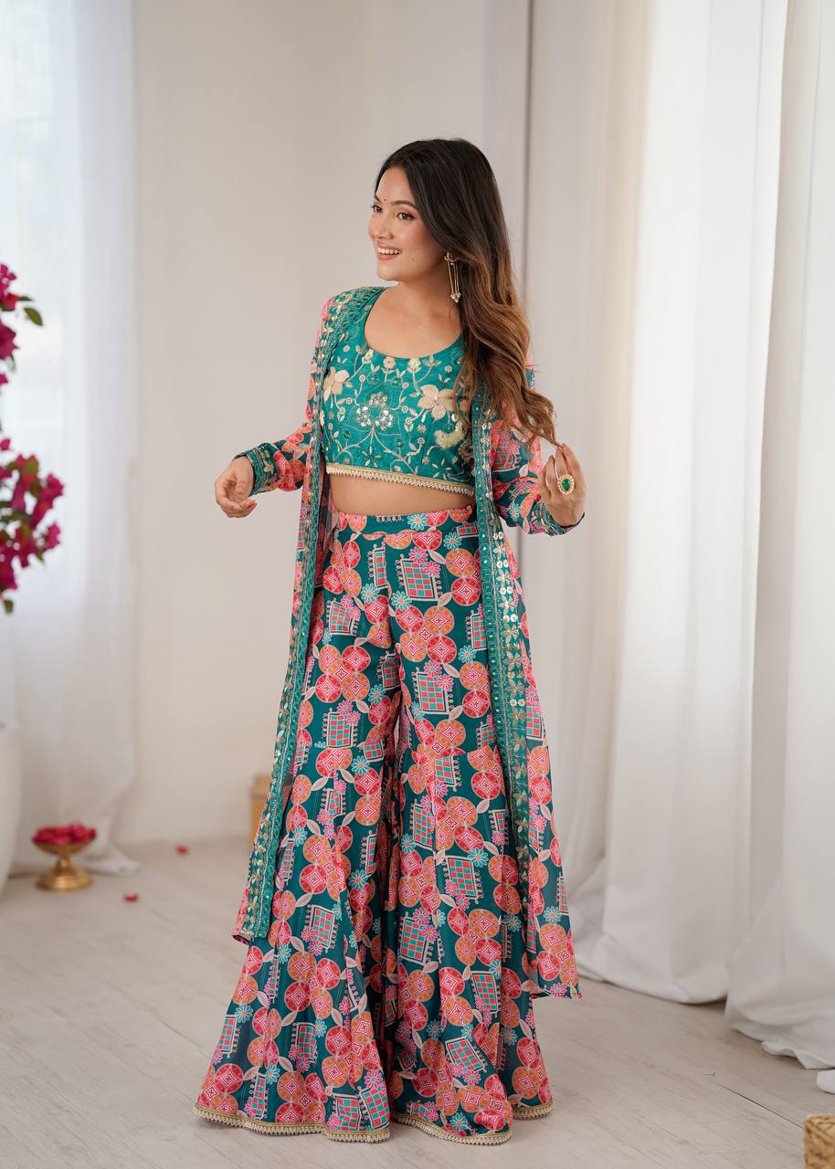 Muslin Digital Print Indo Western Sharara Set with Embroidered Koti