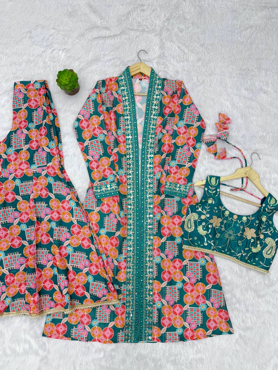 Muslin Digital Print Indo Western Sharara Set with Embroidered Koti