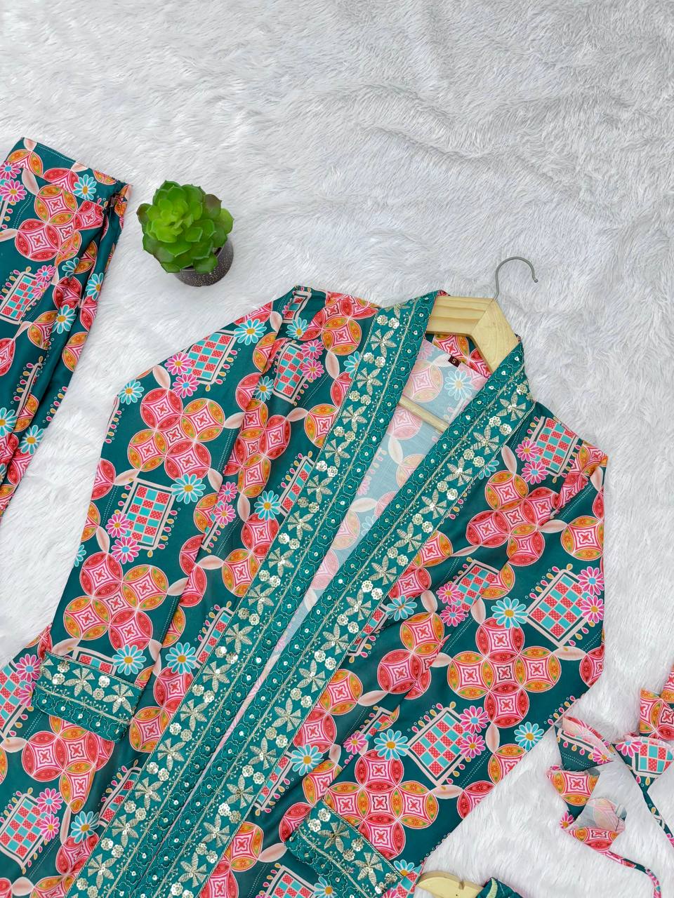 Muslin Digital Print Indo Western Sharara Set with Embroidered Koti