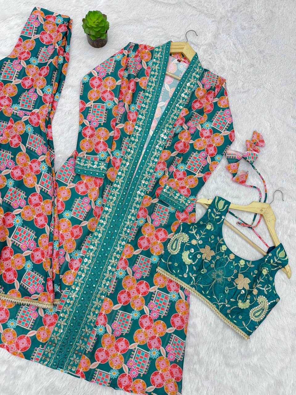 Muslin Digital Print Indo Western Sharara Set with Embroidered Koti