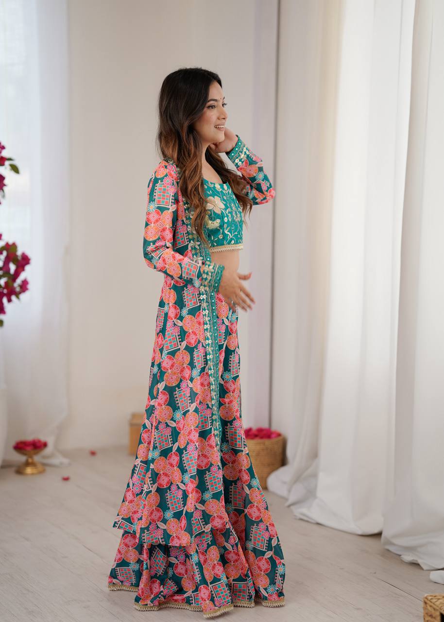 Muslin Digital Print Indo Western Sharara Set with Embroidered Koti