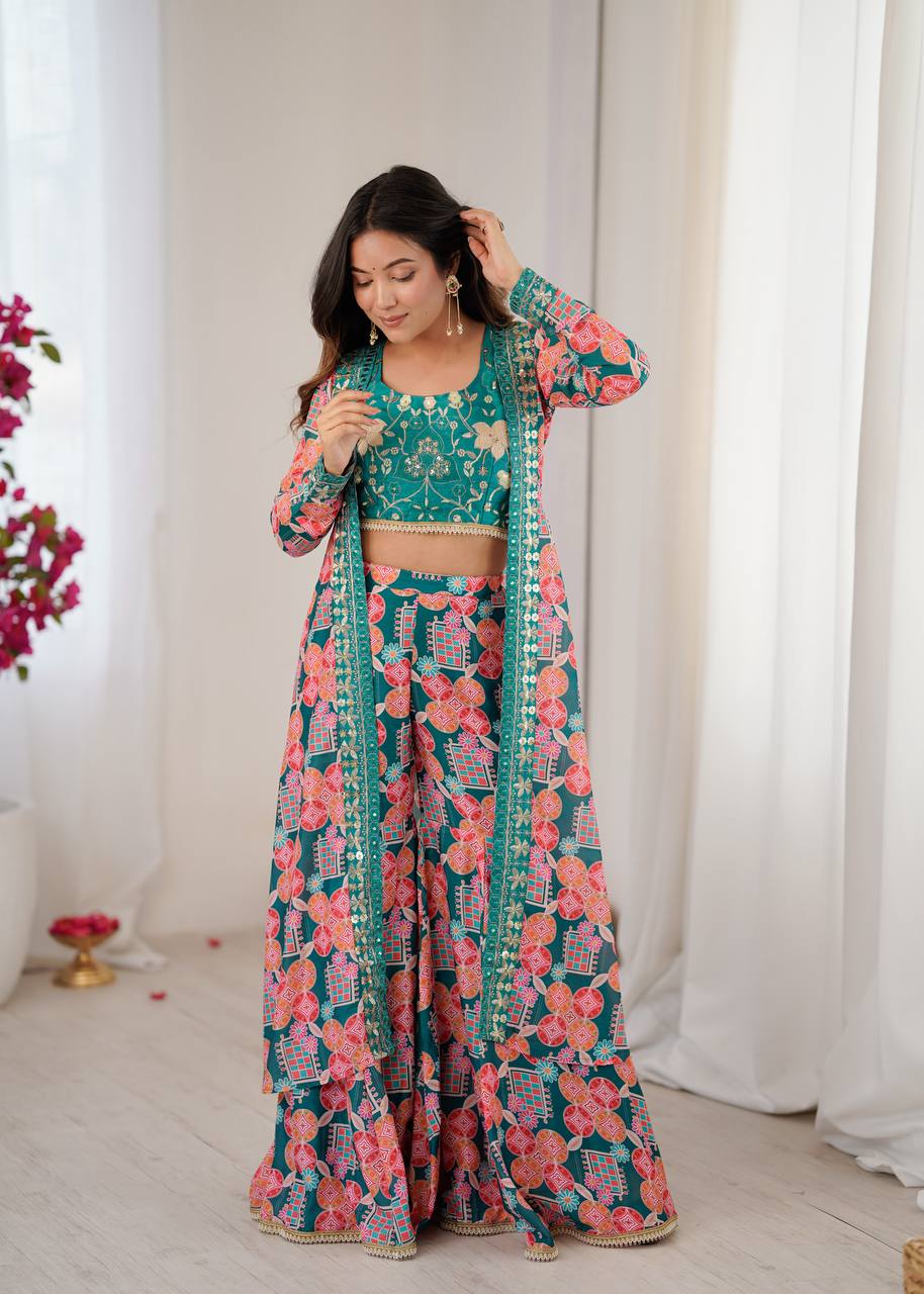 Muslin Digital Print Indo Western Sharara Set with Embroidered Koti