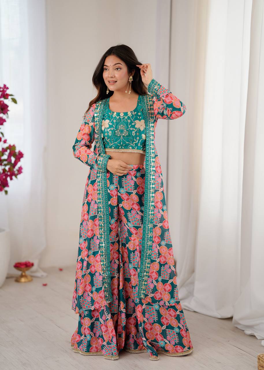 Muslin Digital Print Indo Western Sharara Set with Embroidered Koti