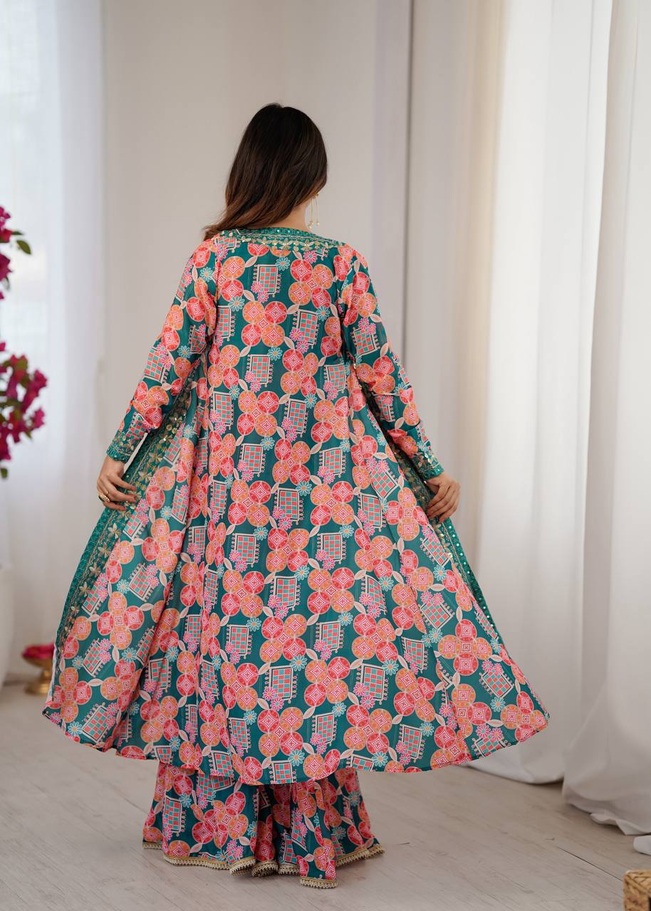 Muslin Digital Print Indo Western Sharara Set with Embroidered Koti