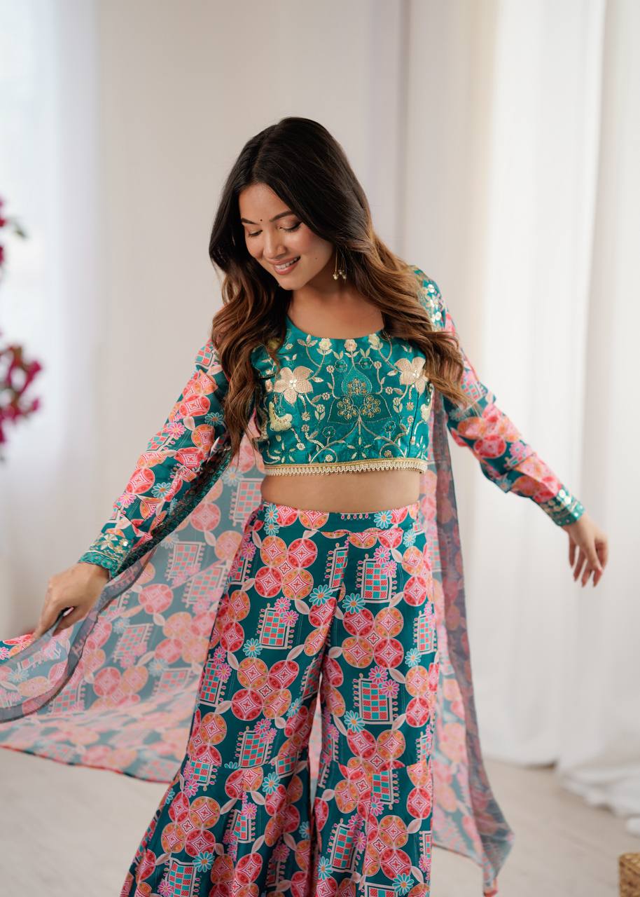 Muslin Digital Print Indo Western Sharara Set with Embroidered Koti