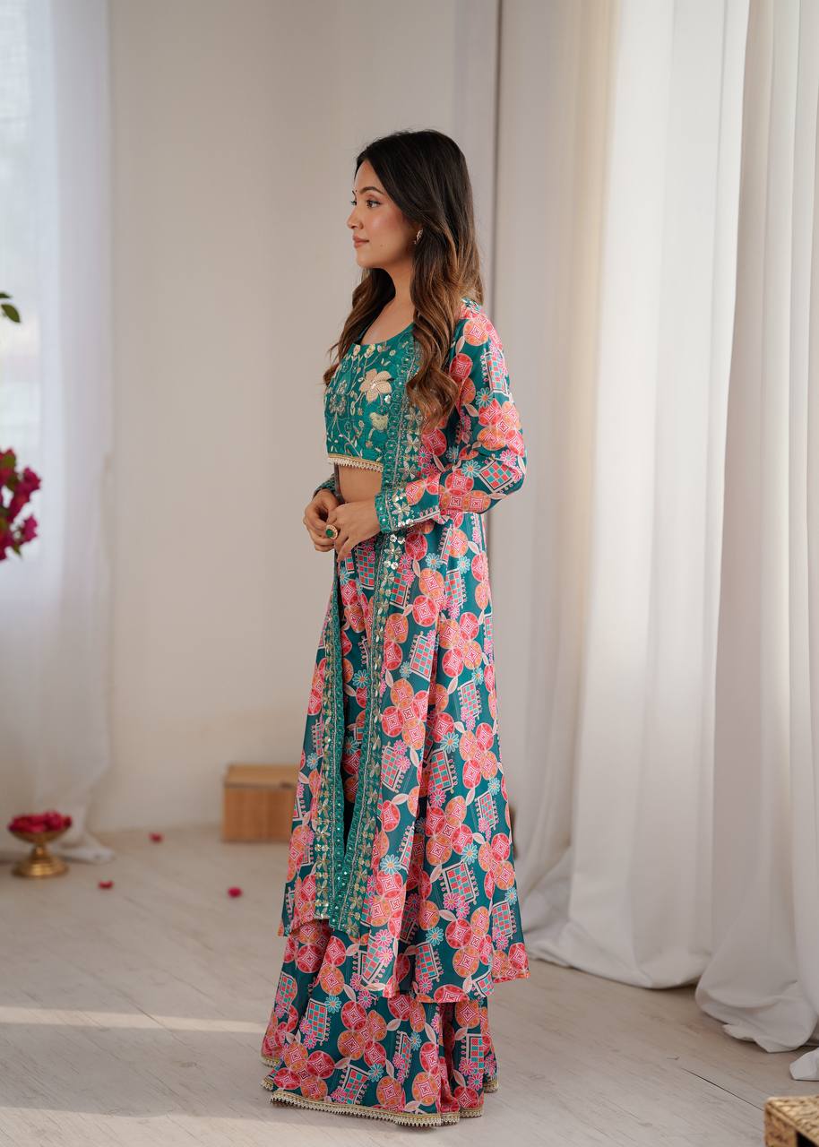 Muslin Digital Print Indo Western Sharara Set with Embroidered Koti