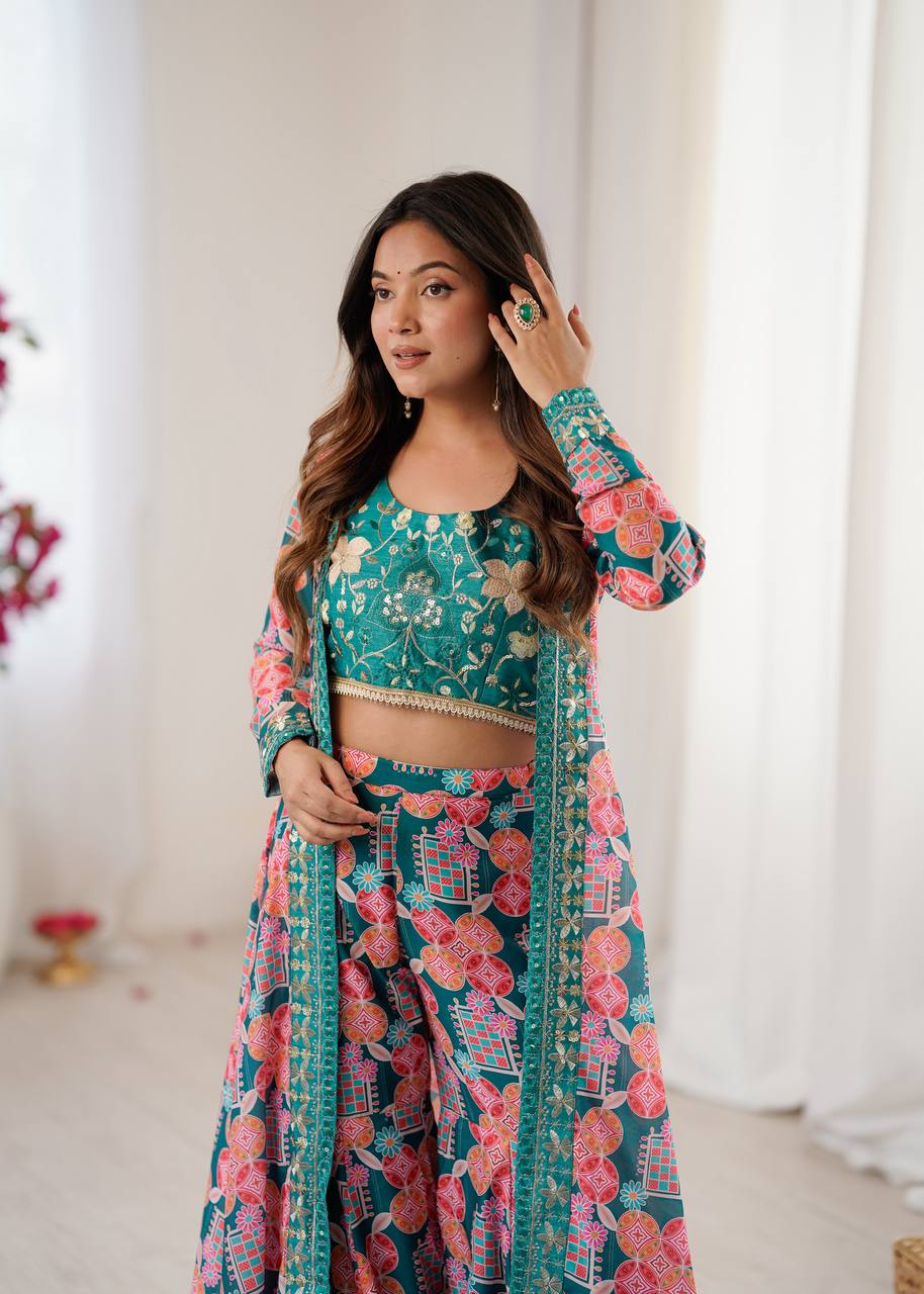 Muslin Digital Print Indo Western Sharara Set with Embroidered Koti