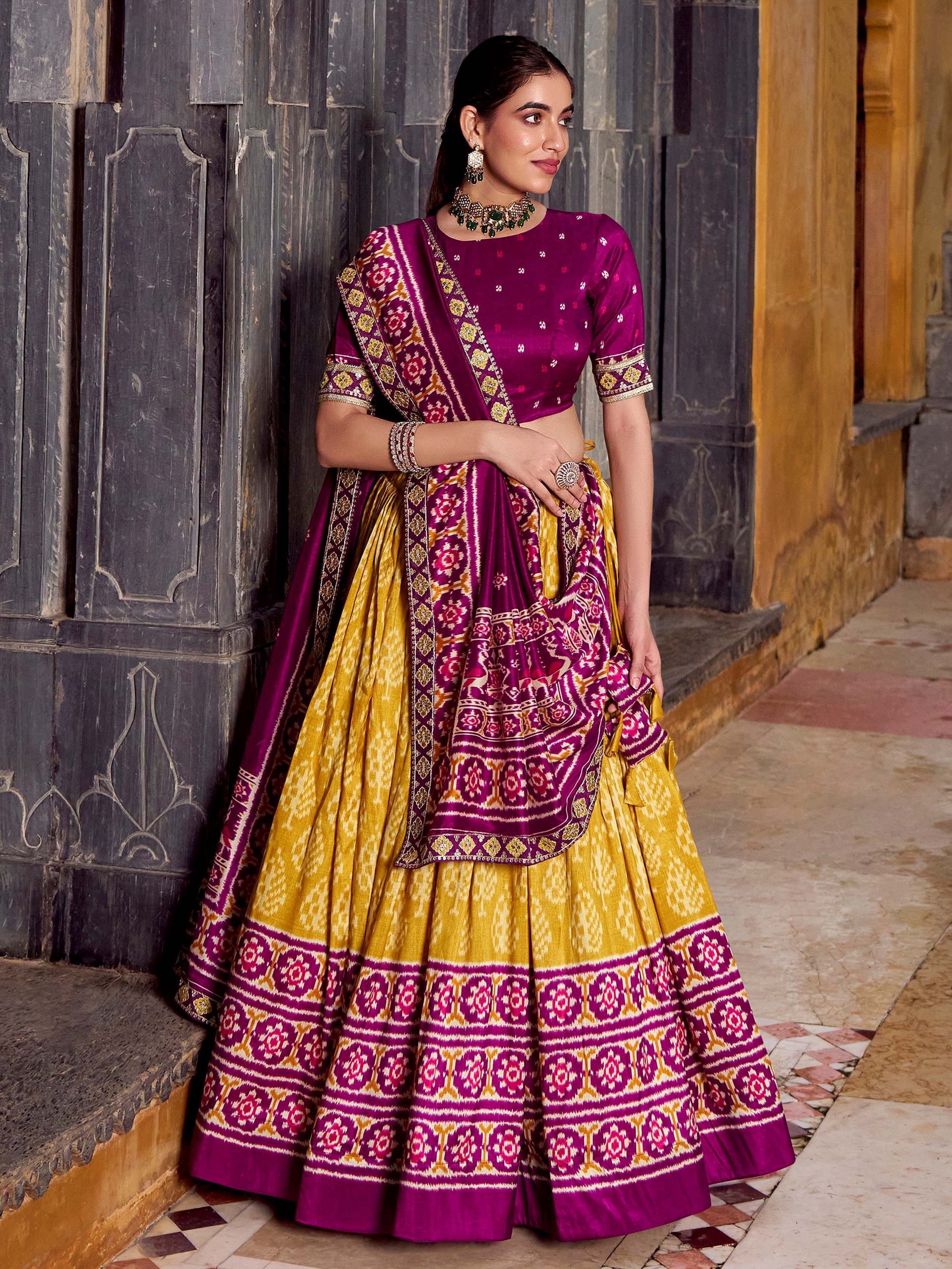 Mustard Beautiful Light Silk Ikkat Printed Lehenga Choli With Dupatta