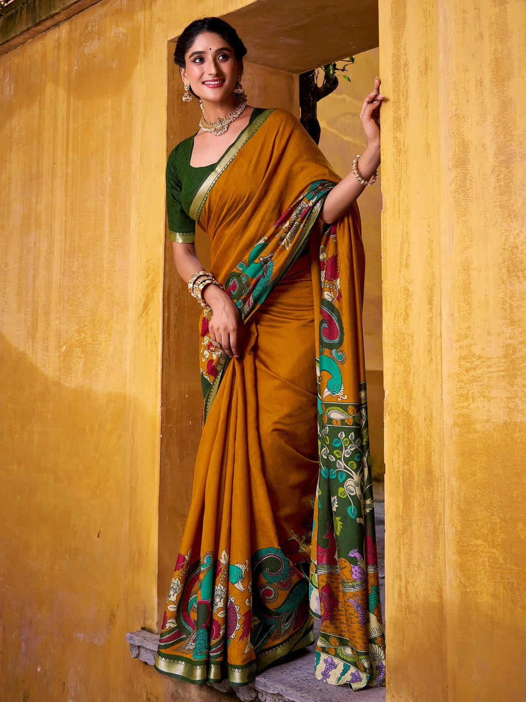 Mustard Enchanting Chanderi Weaving Saree With Blouse