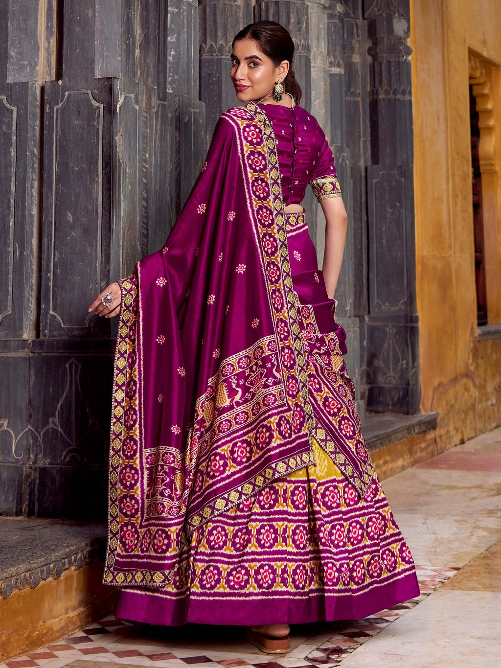 Mustard Beautiful Light Silk Ikkat Printed Lehenga Choli With Dupatta